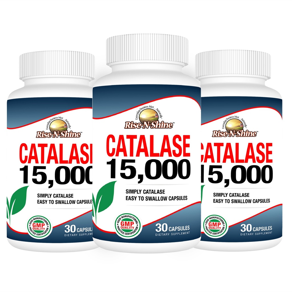 Rise- N- Shine Catalase Supplement 15.000 - Kraftfuld Antioxidant Enzyme til hårsundhed - Hår Kosttilskud til stærkt hår - 90 kapsler - Pakning med 3 flasker i fuld størrelse (90- Day Supply)
