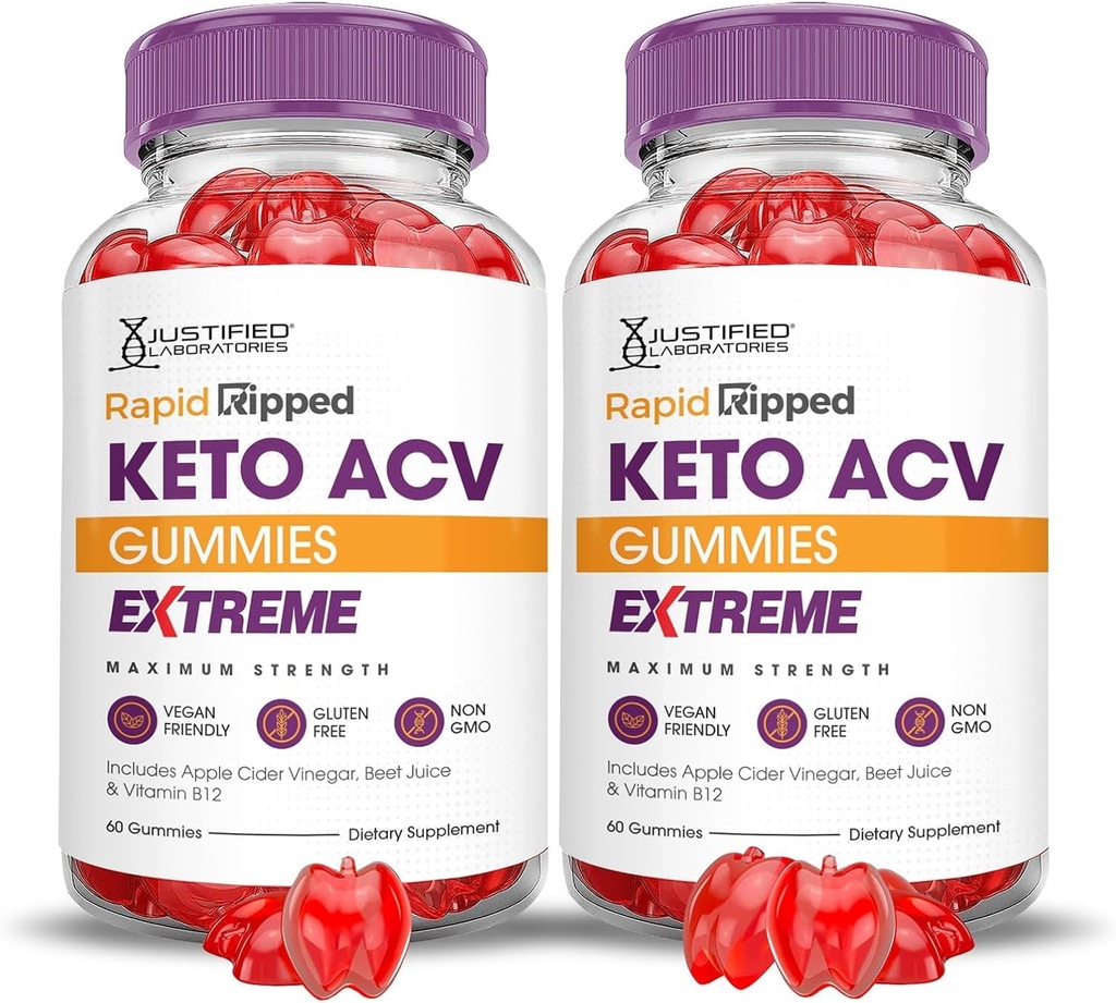 Justified Laboratories (2 Pack Rapid Ripped Keto ACV Gummies Extreme 2000MG Rapitrup Keto Gummies Apple Cider Vinagar Formuleret med Pomegranate Beet Juice Powder B12 Vegan Non GMO 120 Gummys