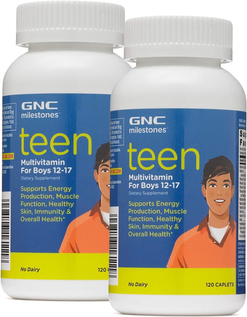 GNC Milepæle Teen Multivitamin til drenge 12- 17, Twin Pack, 120 kapsler per flaske, Understøtter energiproduktion og muskel funktion
