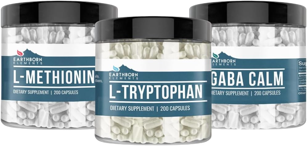 Jordfødte elementer L- Tryptofan, L- methionin, og GABA Bundle, 200 Kapsler Hver, Pure & Ufortyndet