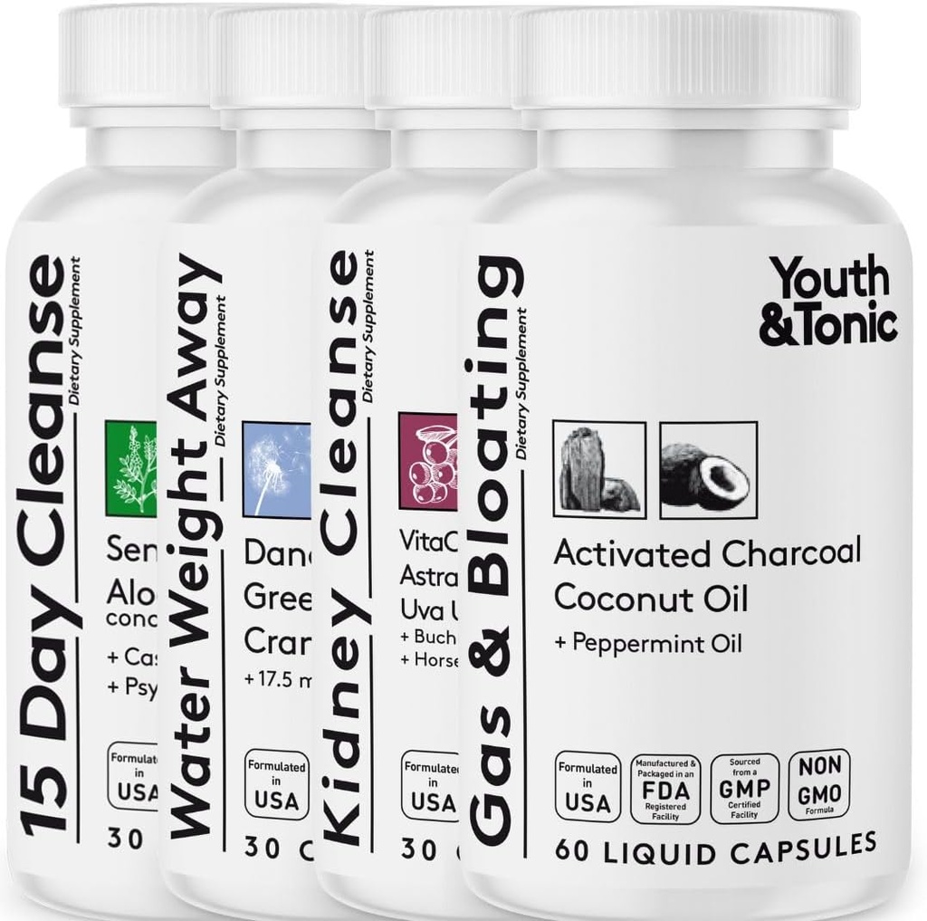 Youth & Tonic Complete Multi- Organe Detox & Reparation - 15 Day Colon Cleanse, Nyre, Gut & Mave Cleansers med vand balance støtte til fuld krop Detox, Gas og Bloating & Lever sundhed, 150 piller