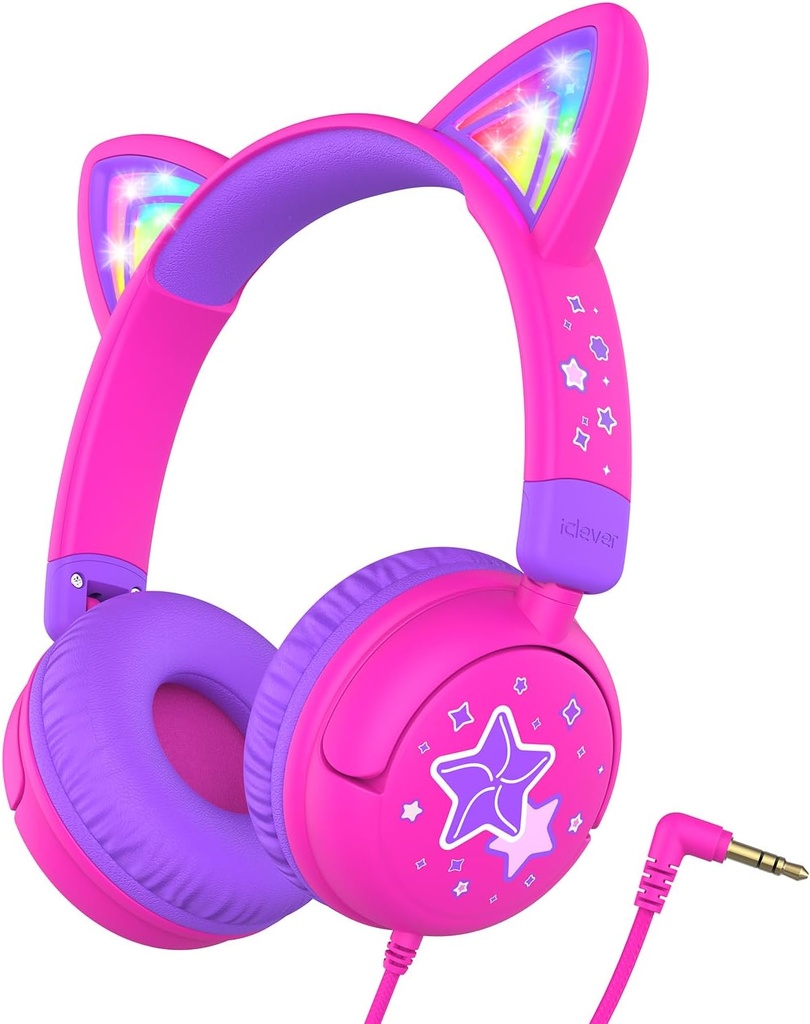 iClever Kids Headphones Cat Ear, LED Light Up, 85dBA Safe Volume, Stereo Sound Toddler Headphones til Travel School, Foldable 3.5mm Wired Kids Headphone til iPad Tablets, Meow Lollipop- Hot Pink