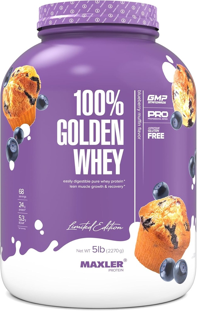 Maxler 100% Golden Whey Protein - 24g protein per servering - Premium Whey Protein Powder for Pre Post Workout - Fast- Absorbing Whey Koncentrat, Isolere & Hydrolysate Blend - Blueberry Muffin 5 LB