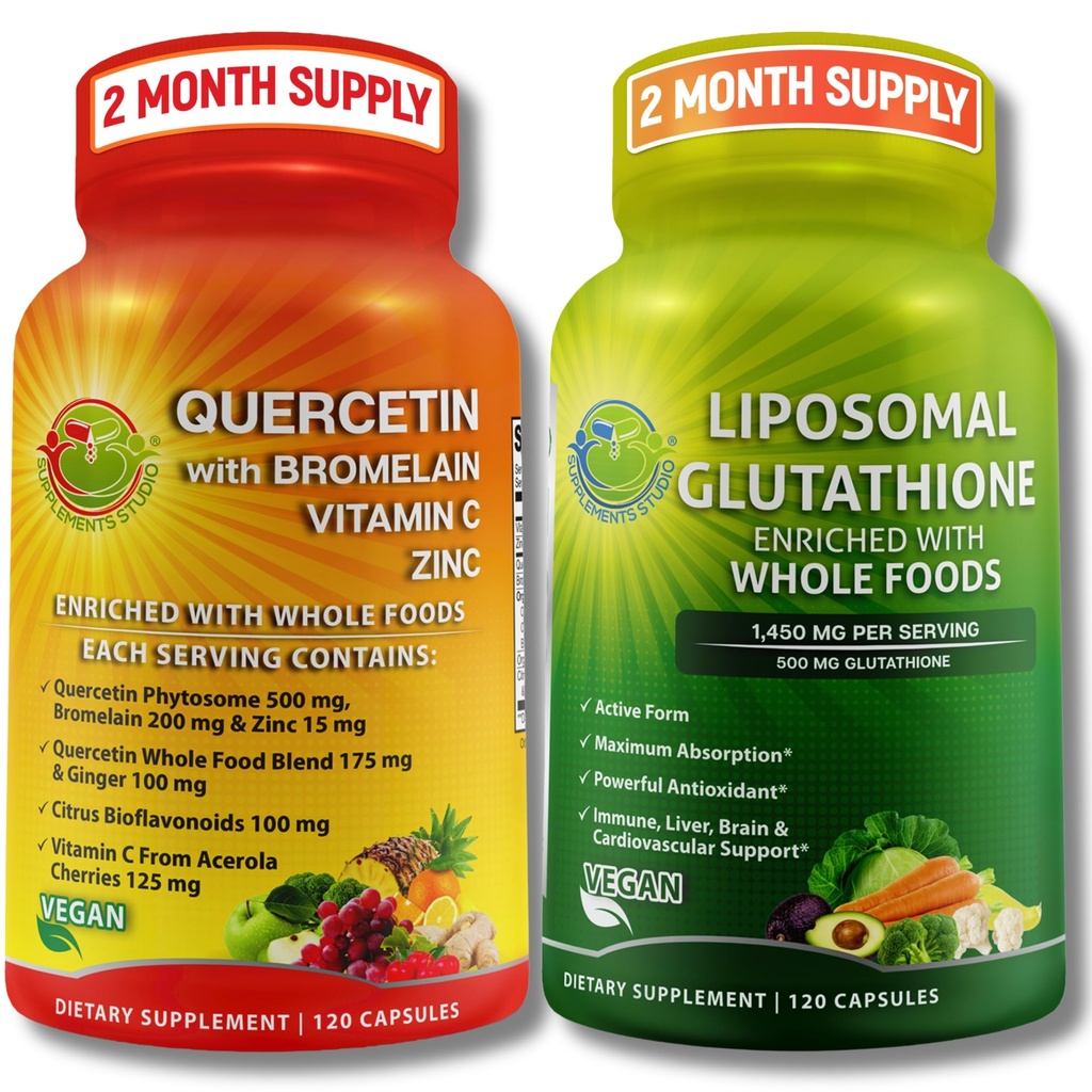 Immunum & Cellular Support Bundle - Liposomal Glutathione 500mg med Whole Foods & Quercetin med Bromelain, C-vitamin og Zink Whole Food Complex - Vegan, Non- GMO, Clean Daily Wellness Support