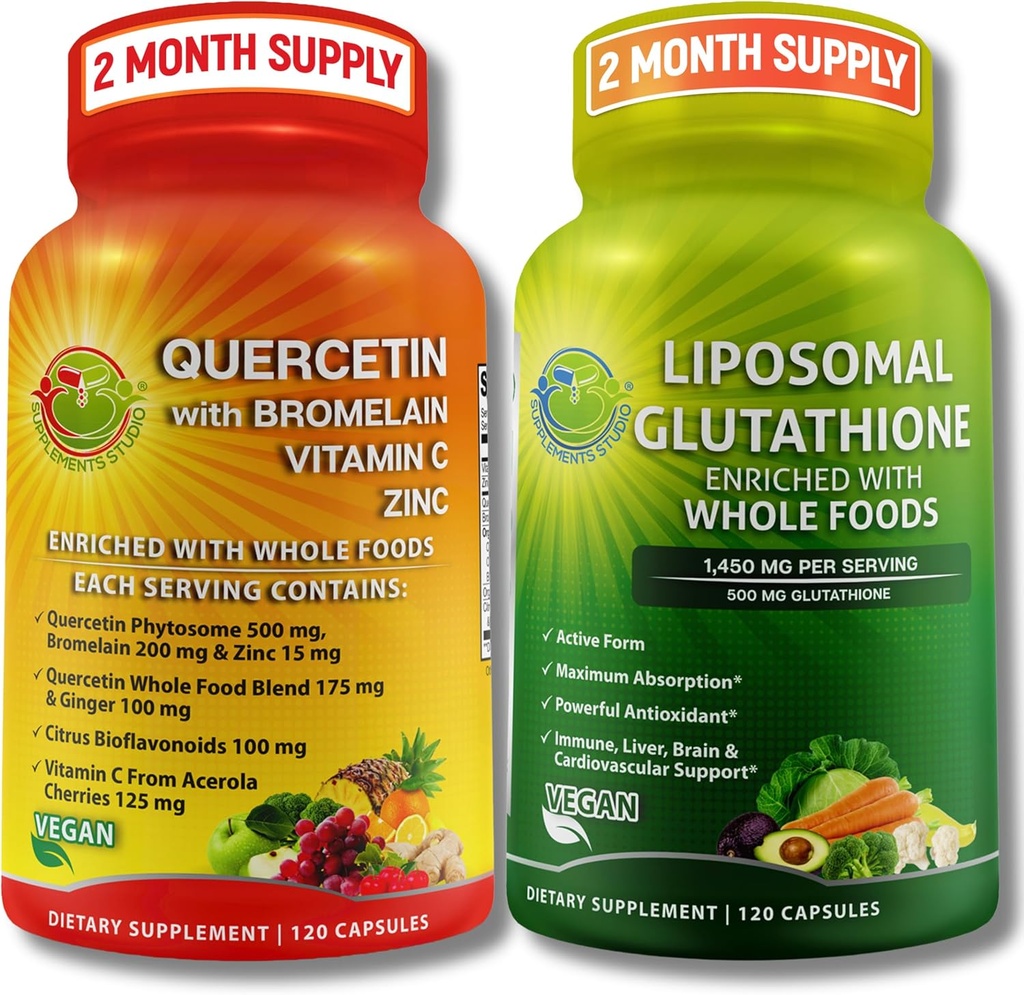 Immunum & Cellular Support Bundle - Liposomal Glutathione 500mg med Whole Foods & Quercetin med Bromelain, C-vitamin og Zink Whole Food Complex - Vegan, Non- GMO, Clean Daily Wellness Support
