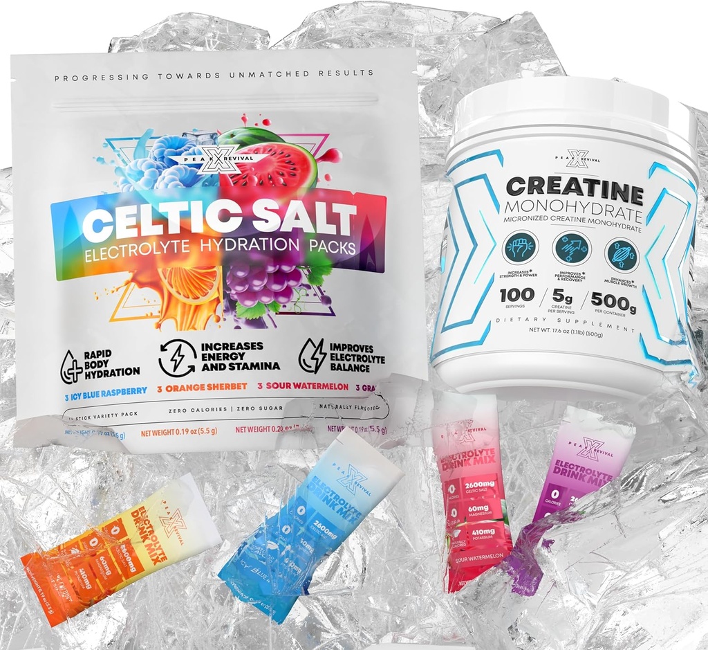 Mikroniseret Creatin monohydrat pulver + elektrolyter pulver pakker - keltisk salt sort pakning (12 pakker)