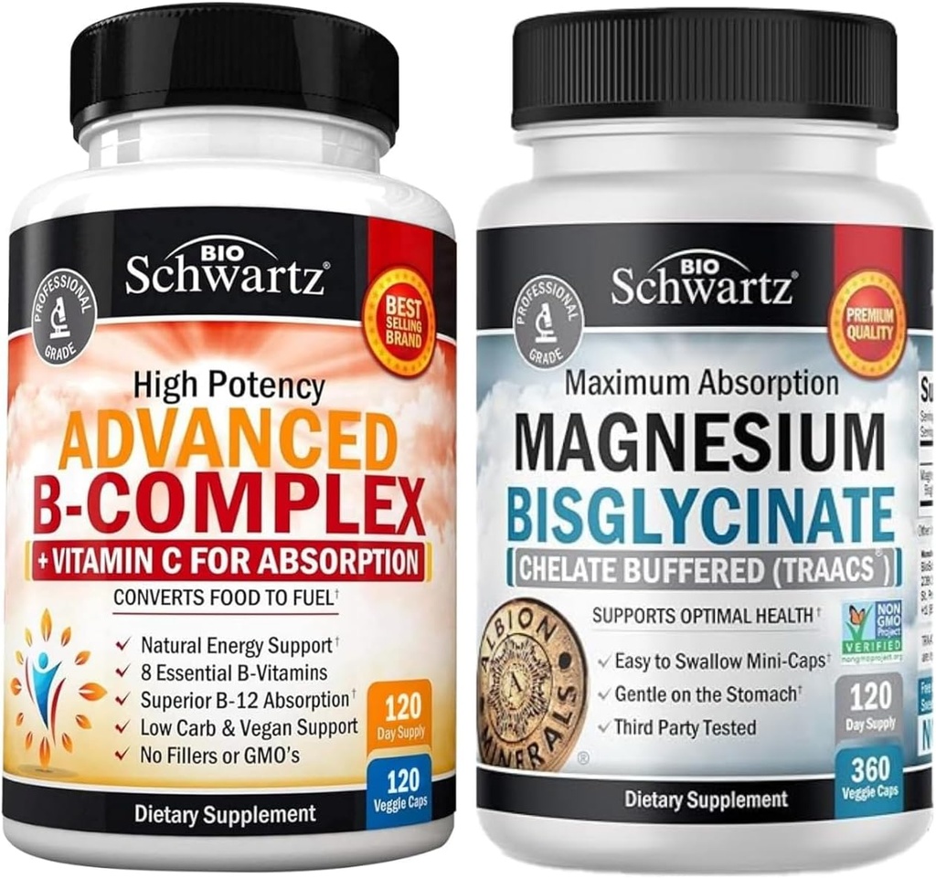 B-vitamin Kompleks med C-vitamin (4 måneders forsyning) Plus høj absorption Magnesium Bisglycinat kapsler (4 måneders forsyning)