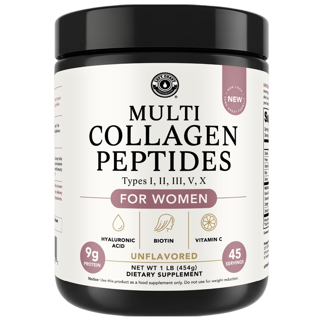 Multi Collagen Peptides Powder Types I, II, III, V, X Multi Collagen Protein Powder with Hyaluronic Acid, Biotin, Vitamin C, For Skin Hair Nails Joints and Gut Health - Keto, Non-GMO Supplement