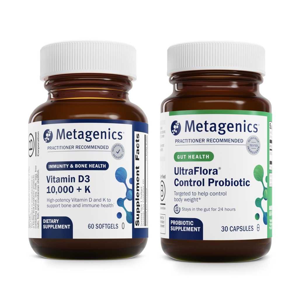Metagenics Vitamin D3 10.000 + K (60 Softgels) & UltraFlora Control Probiotic (30 Servere) - Understøtter ben & hjerte sundhed - aids Sund Kropskomposition