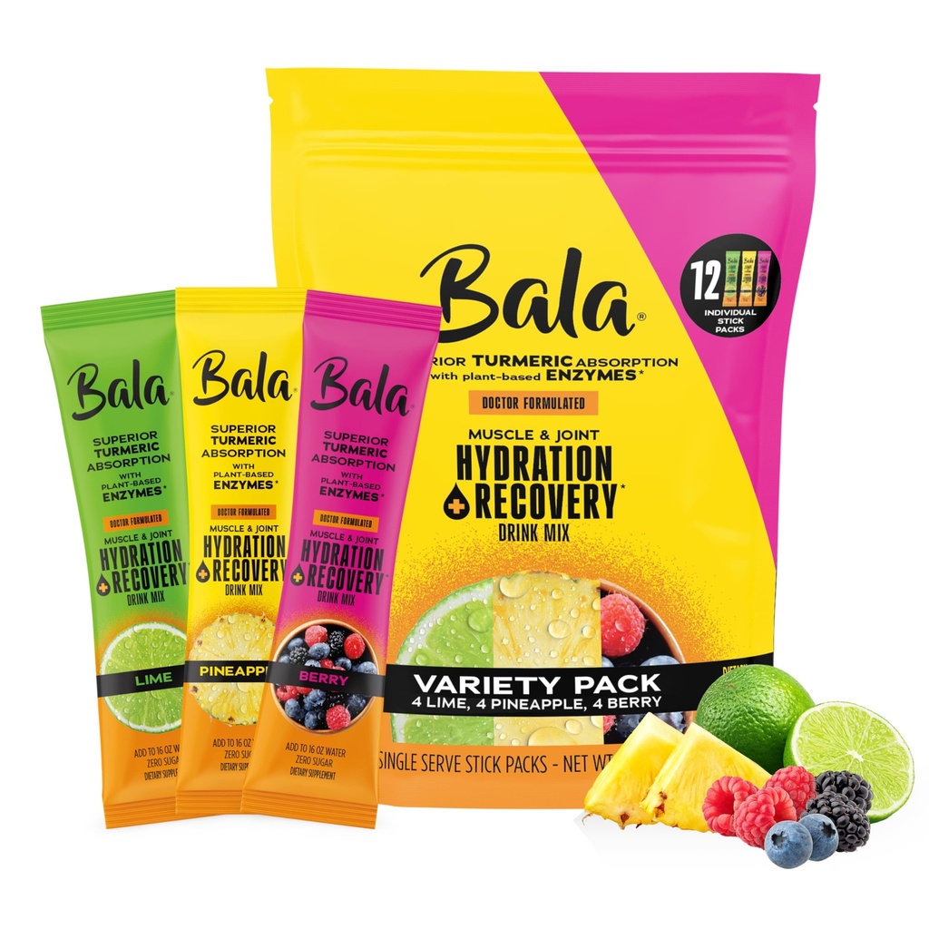 Bala Enzyme Hydration & sukkerfri drik mix - gurkemeje, bromelain, papain - immunitet, mobilitet - sort Pack 0,25oz (12 Greve)