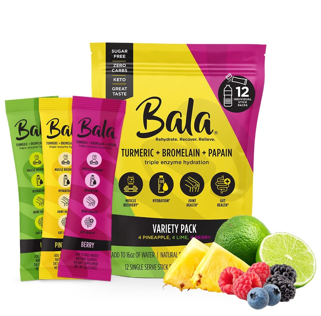 Bala Enzyme Hydration & sukkerfri drik mix - gurkemeje, bromelain, papain - immunitet, mobilitet - sort Pack 0,25oz (12 Greve)