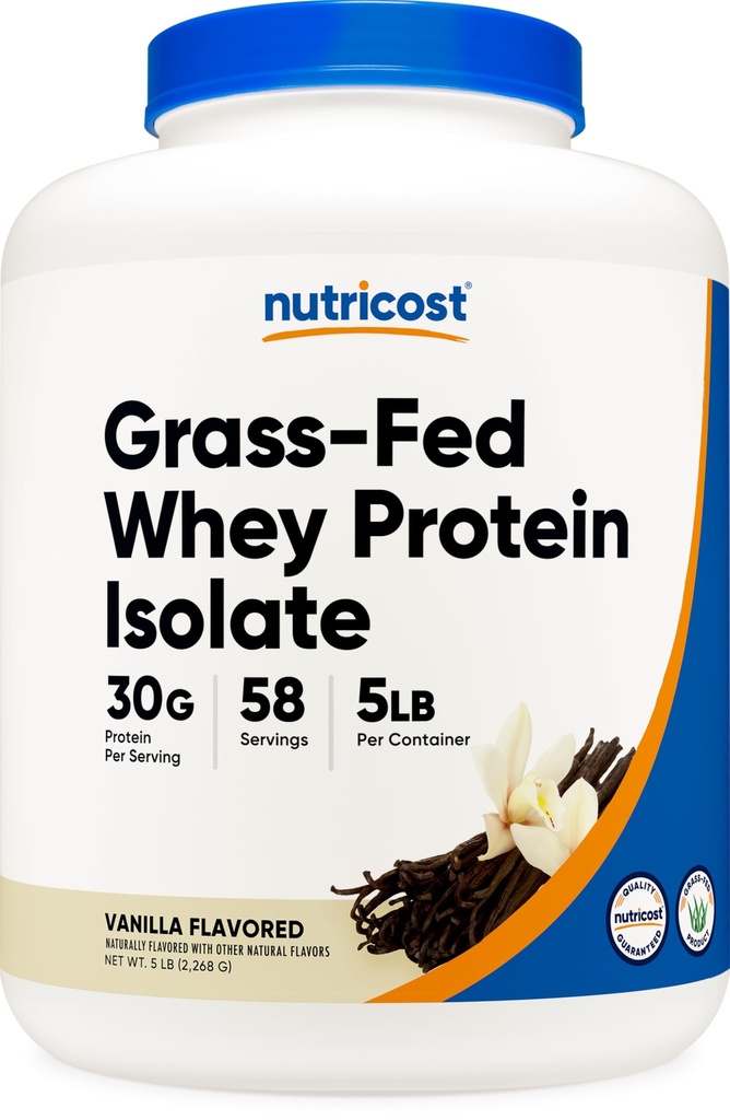 Nutricost Grass- Fed Whey Protein Isolate (Vanilla) 5LBS - Non-GMO, Gluten Free, Natural Flavors
