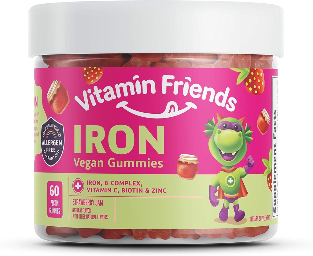 Vitamin Friends - Vegansk Multivitamin & Jern til børn - Daglig Nutritional Support Gummies w / Ferrous Fumarate B- Complex, C-vitamin, zink, biotin - Body Function & Anemia - Strawberry Jam (60 dages forsyning)