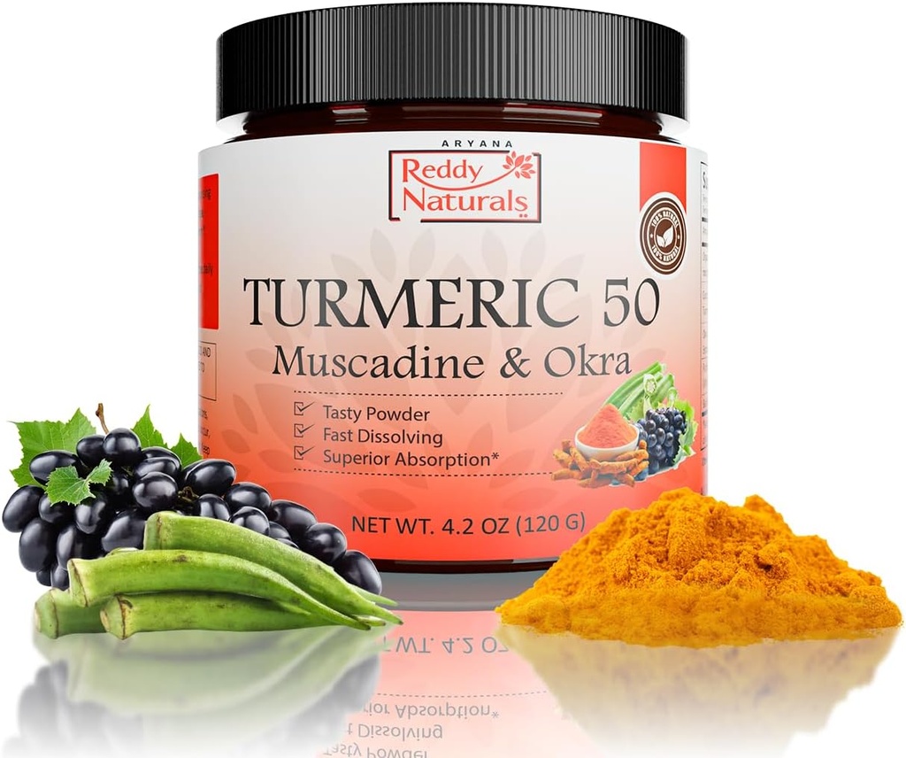 Reddy Naturals Aryana Turmerisk 50 - Økologisk gurkemeje supplement pulver med Muscadine Grape & Okra - Fast- Opløsning, Plantbaserede Formel for daglige Wellness - 30 Serveringer