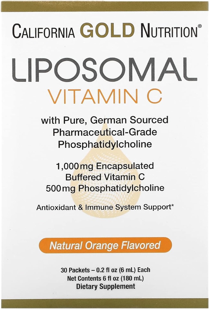 Liposomal C-vitamin fra California Gold Nutrition - flydende supplement til antioxidant & immunforsvar - Vegansk Friendly - Gluten Free, Non- GMO - 1000 mg - 30 Pakker - Natural Orange Flavor