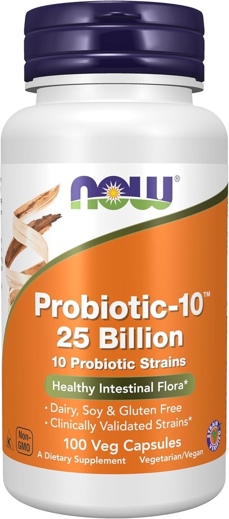 NOW Foods Supplements, Probiotic-10™, 25 Billion, with 10 Probiotic Strains, Dairy, Soy and Gluten Free, Strain Verified, 100 Veg Capsules