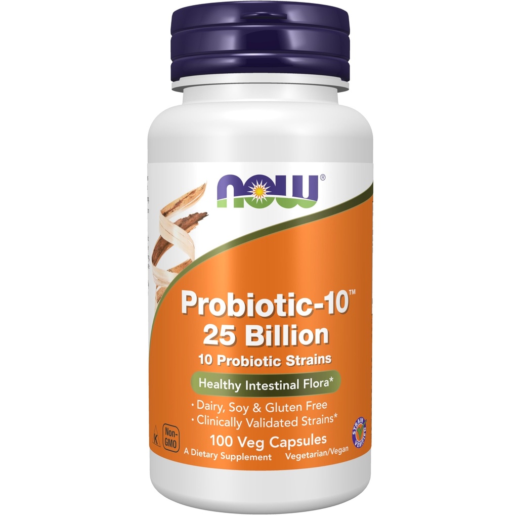 Now Foods Supplements, Probiotic- 10 ™, 25 Millioner, med 10 Probiotiske Strops, Dairy, Soy og Gluten Free, Strain Verified, 100 Veg Kapsler