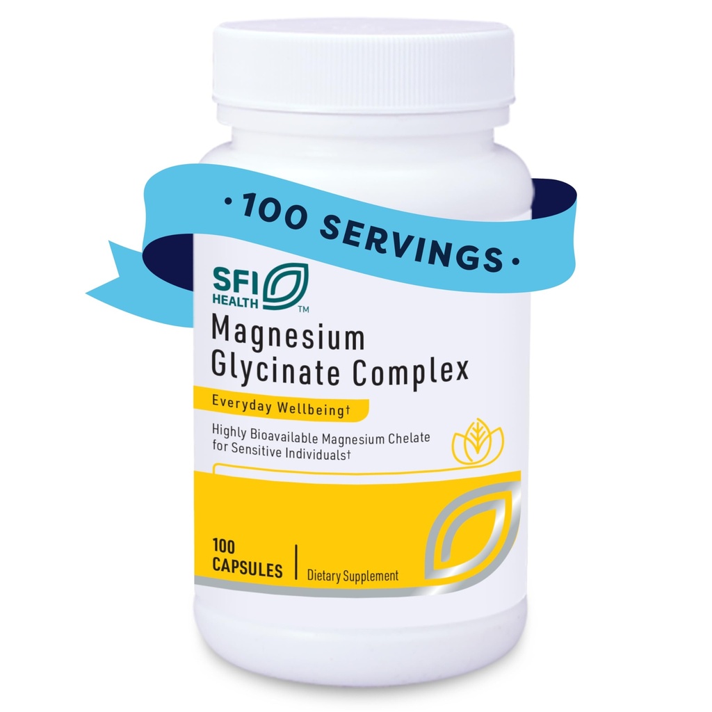 Klaire Labs SFI Health Magnesium Glycinate Complex - Chelated Magnesium Blend for Optimal Absorption - Understøtter sunde knogler, muskler og energiniveauer - Genert på fordampning (100 kapsler)
