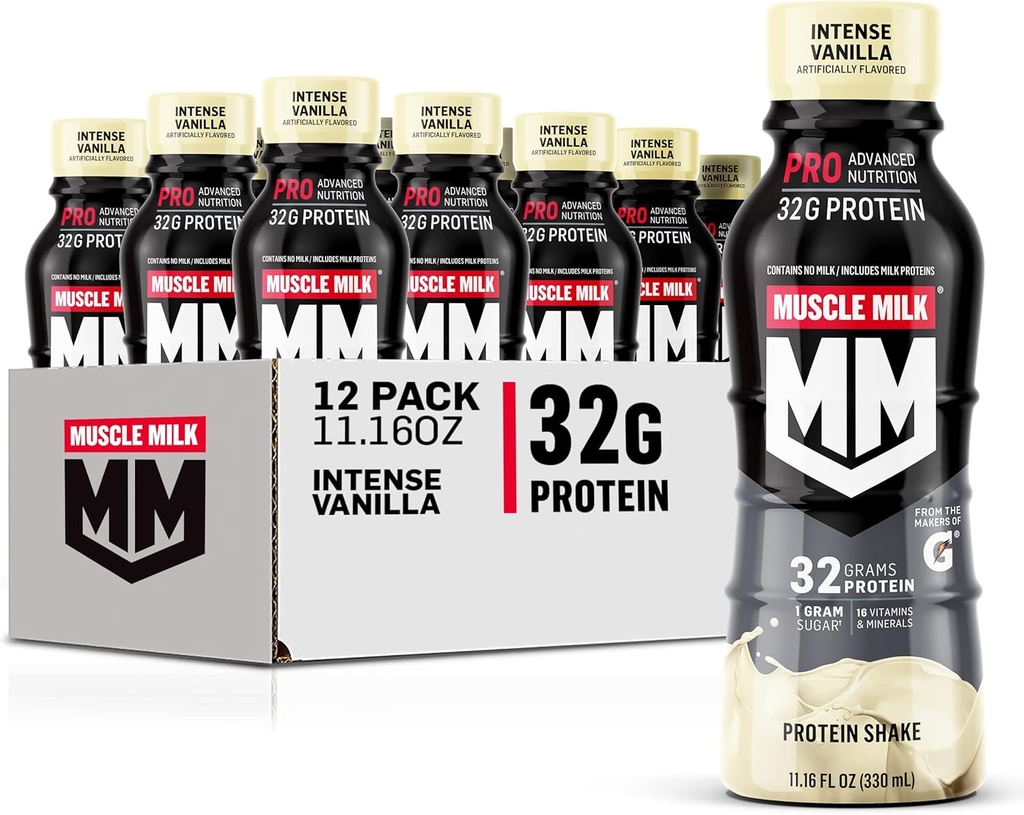 Muskelmælk Pro Advanced Nutrition Protein Shake, Intense Vanilla, 11.16 Fl Oz (Pack of 12), 32g Protein, 1g Sukker, 16 Vitamin & Mineraler, 5g Fiber, Træning Inddrivelse, Energigivende Snack, Packaging May Vary