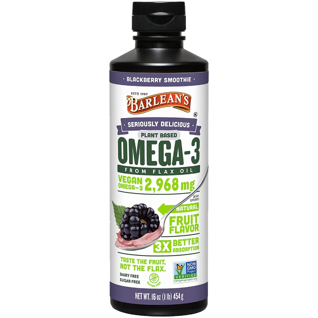 Barlean 's Vegan Omega 3 6 9 Flaxseed Oil Liquid Supplement, BlackBerry Smoothie, Flax Seed Oil, 2,968 mg ALA fedtsyrer, Non- GMO og gluten Free, 16 oz