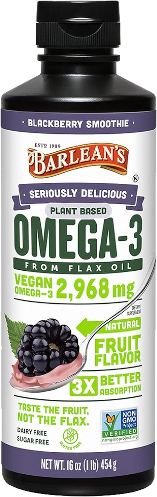 Barlean 's Vegan Omega 3 6 9 Flaxseed Oil Liquid Supplement, BlackBerry Smoothie, Flax Seed Oil, 2,968 mg ALA fedtsyrer, Non- GMO og gluten Free, 16 oz