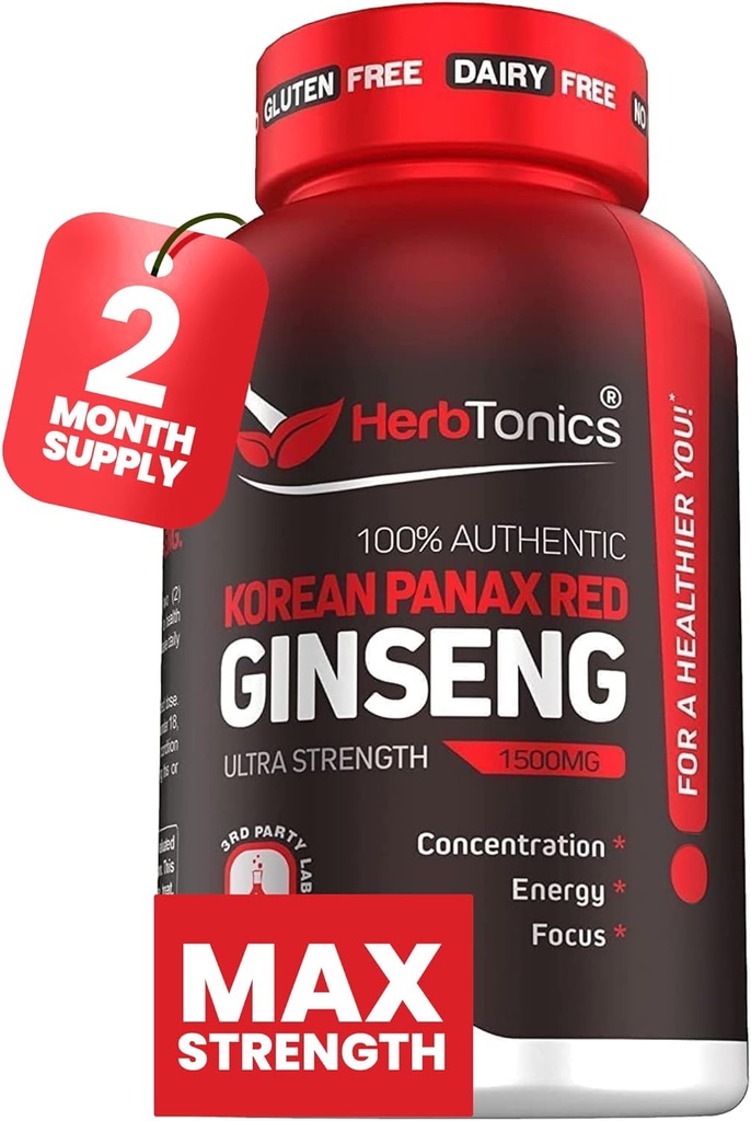Herbtonics Koreansk Rød Panax Ginseng 1500mg - Energitillæg for Peak Performance, Focus & Vitality - Høj potens Ginseng Root Extract - 120 Veganske kapsler