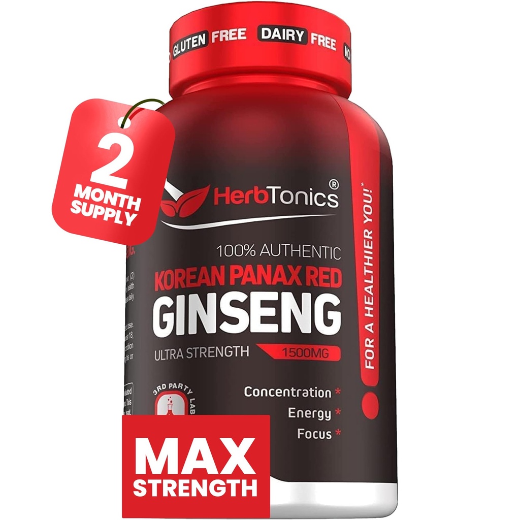 Herbtonics Koreansk Rød Panax Ginseng 1500mg - Energitillæg for Peak Performance, Focus & Vitality - Høj potens Ginseng Root Extract - 120 Veganske kapsler