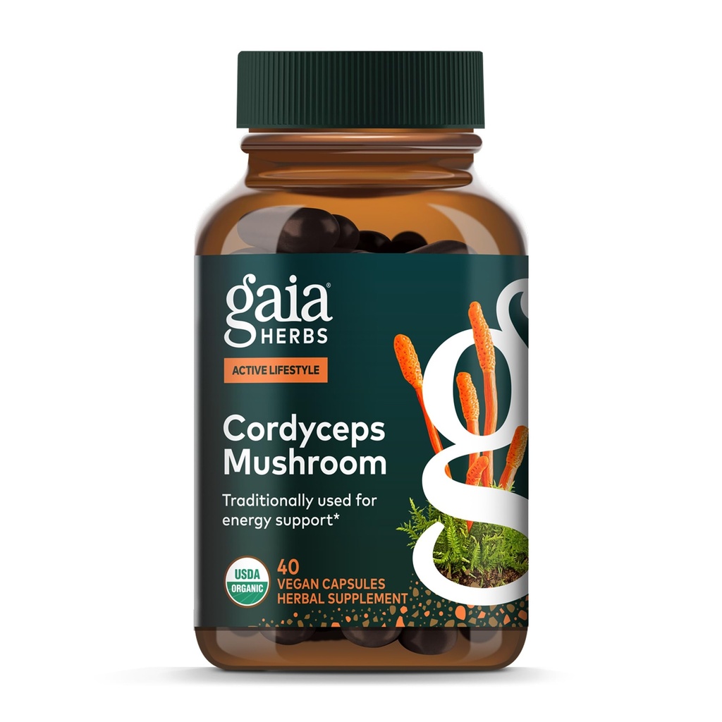 Gaia Urter Cordyceps Mushroom - Energitilskud til vedvarende energi, Endurance og Stamina - med Organic Cordyceps Mushroom - 40 Vegansk flydende Phyto- kapsler (40- Day Supply)