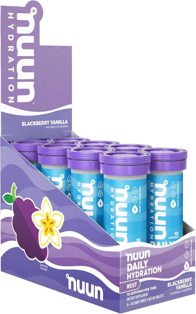 Nuun Rest & Recovery Electrolyte Tablets med Magnesium, Kalium & Tart Cherry Powder, Gluten Free & Vegan, Blackberry Vanilla Flavor, 8 Pack (80 Servere i alt)