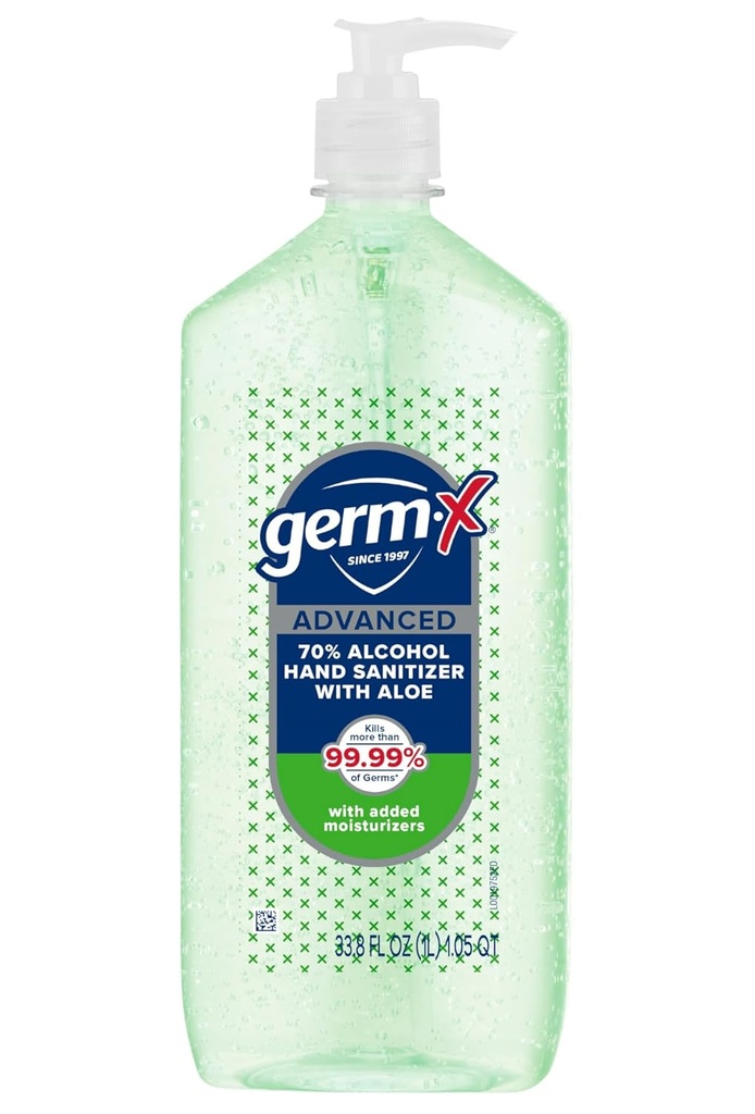 Germ- X Advanced Hand Sanitizer med Aloe og E-vitamin, Non- tørring Moisturizing Gel, Øjeblikkelig og ingen skylning Formel, Pump Flaske, Tilbage til skolen forsyninger, 1 Liter