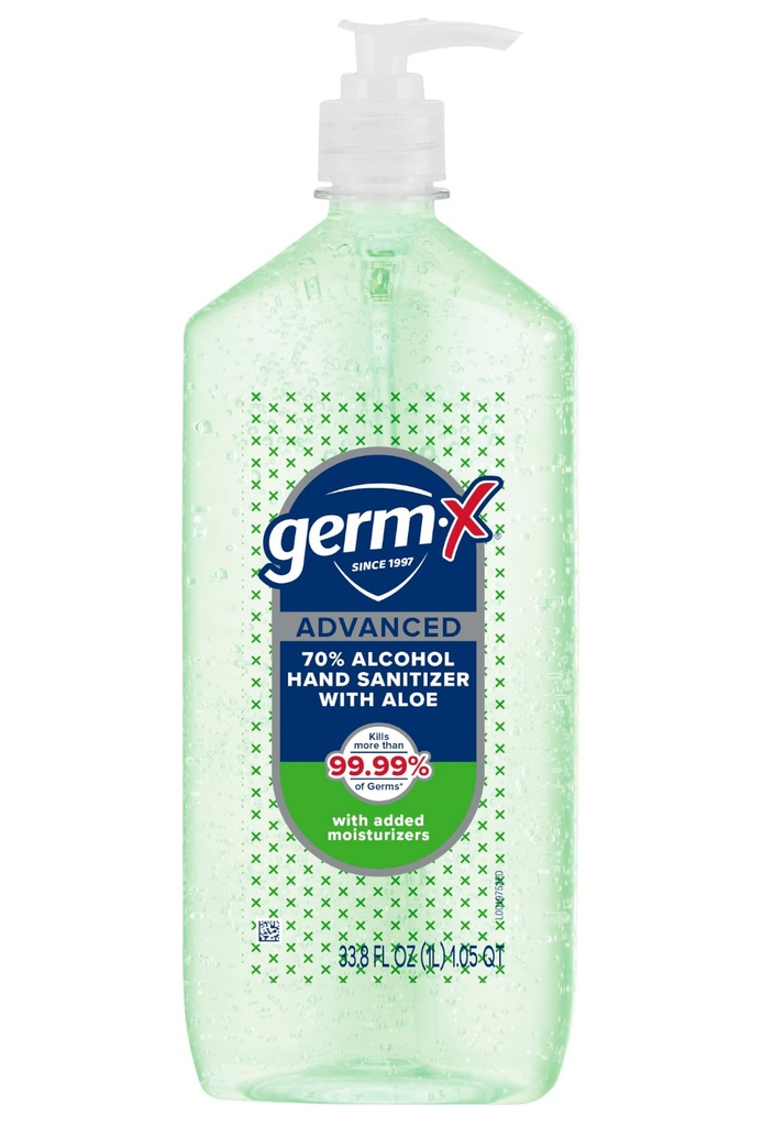 Germ- X Advanced Hand Sanitizer med Aloe og E-vitamin, Non- tørring Moisturizing Gel, Øjeblikkelig og ingen skylning Formel, Pump Flaske, Tilbage til skolen forsyninger, 1 Liter