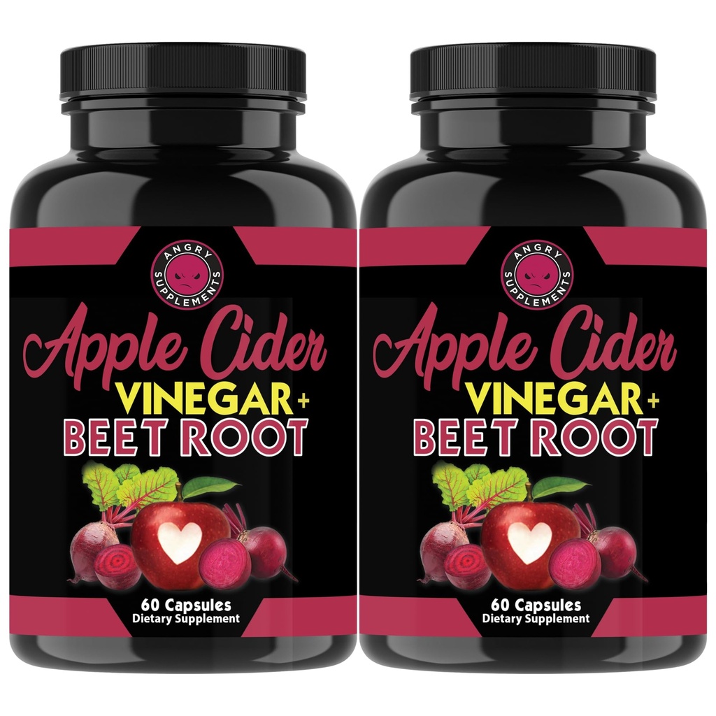 Angry Supplements Apple Cider Vinegas + Beet Root Powder Capsules, Pure ACV Beetroot 1000mg per Serving, Nitroc Oxide Booster & fordøjelsessundhed for mænd og kvinder 60ct, 2 Pack (120ct Total)