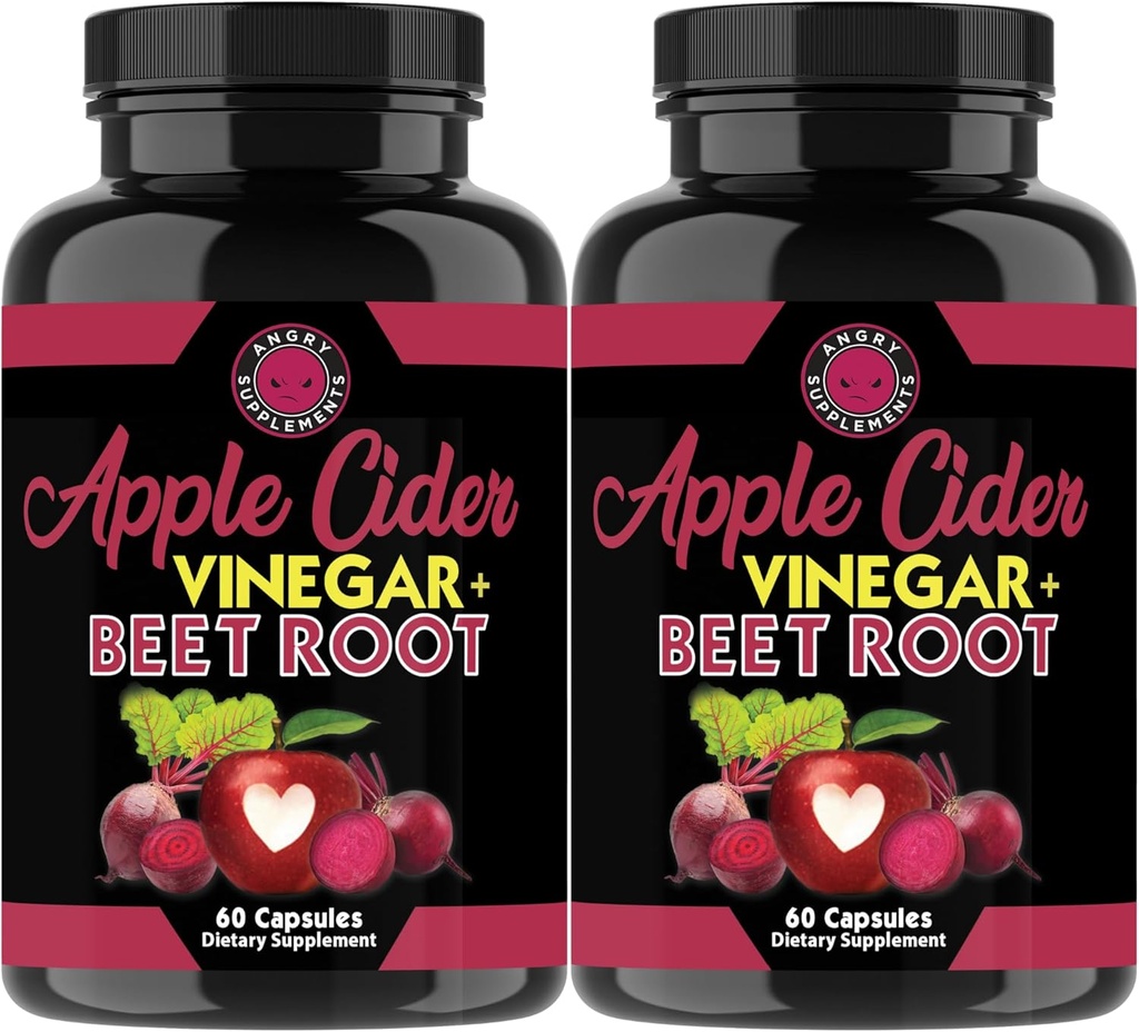 Angry Supplements Apple Cider Vinegas + Beet Root Powder Capsules, Pure ACV Beetroot 1000mg per Serving, Nitroc Oxide Booster & fordøjelsessundhed for mænd og kvinder 60ct, 2 Pack (120ct Total)