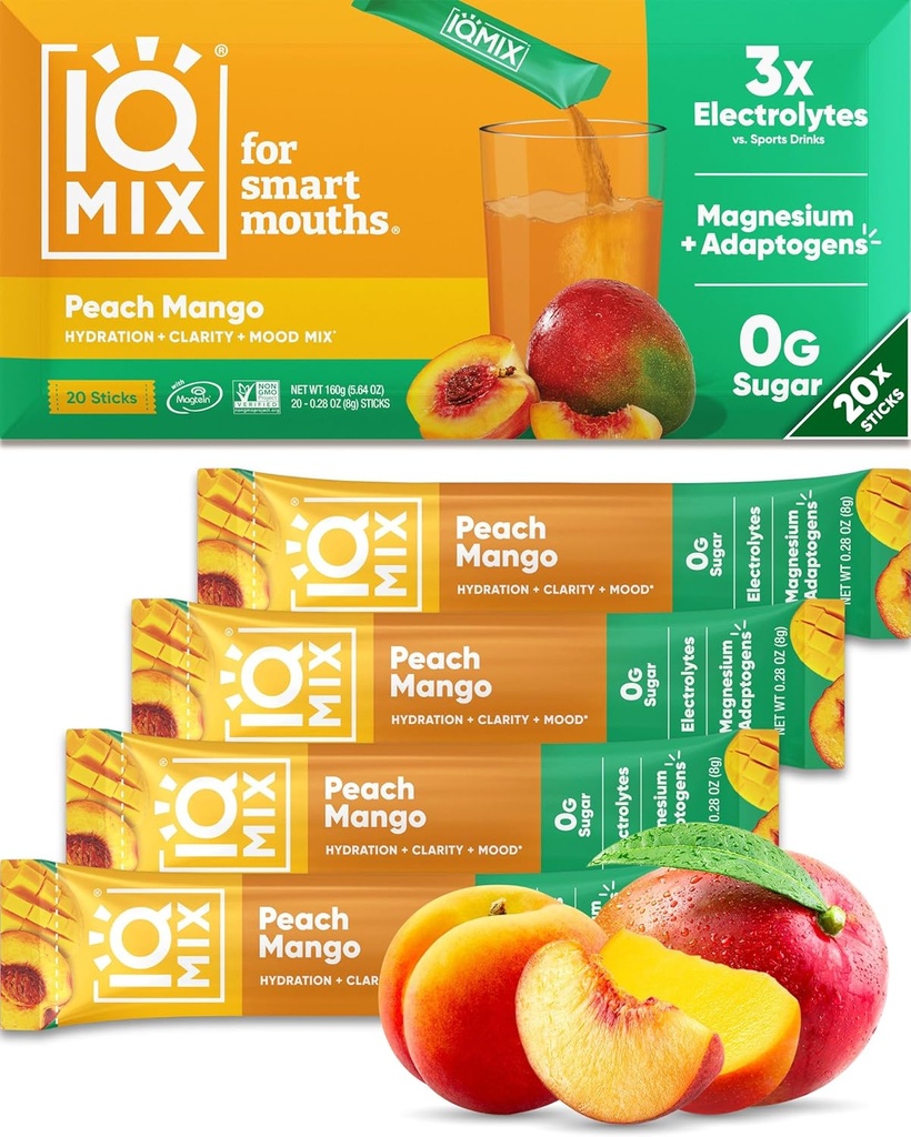 IQMIX Hydration Electrolyte Powder - 4-in-1 Formel for Hydration, Mental Klarhed, Mood og Inddrivelse - Sugar- Free Drink Mix, Keto, Magnesium L- Threonate, Lions Mane - 20 Greve Peach Mango