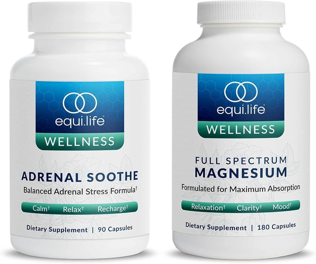 Equilife Full Spectrum Magnesium (180 ct.) og Adrenal Soothe (90 caps) Bundle Mood & Energy Support Supplement, Vegan, Non- GMO
