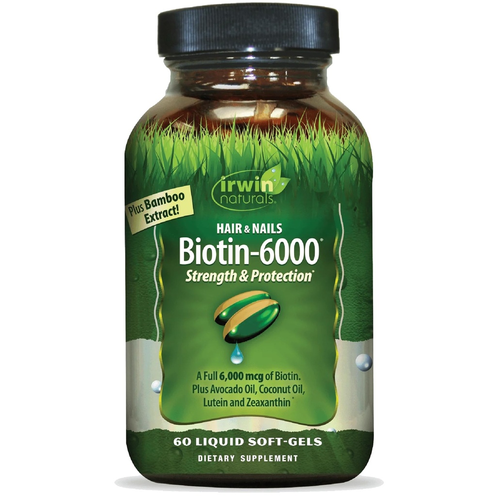 Irwin Naturals Biotin- 6000 understøtter sund hud, hår og negle - 60 flydende bløddele - Styrke + Beskyttelse med høj potens 6000 mcg, Bamboo, Avocado, kokos & mere - Maksimal absorption