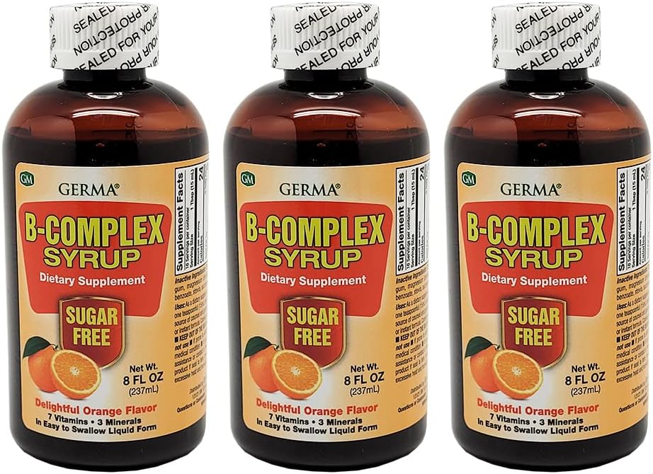 Germa B- Complex Syrup. Kosttilskud. Knoglesundheds-, vækst- og udviklingsstøtte. Sukkerfri. Orange Flavor. 8 oz. Pakning med 3