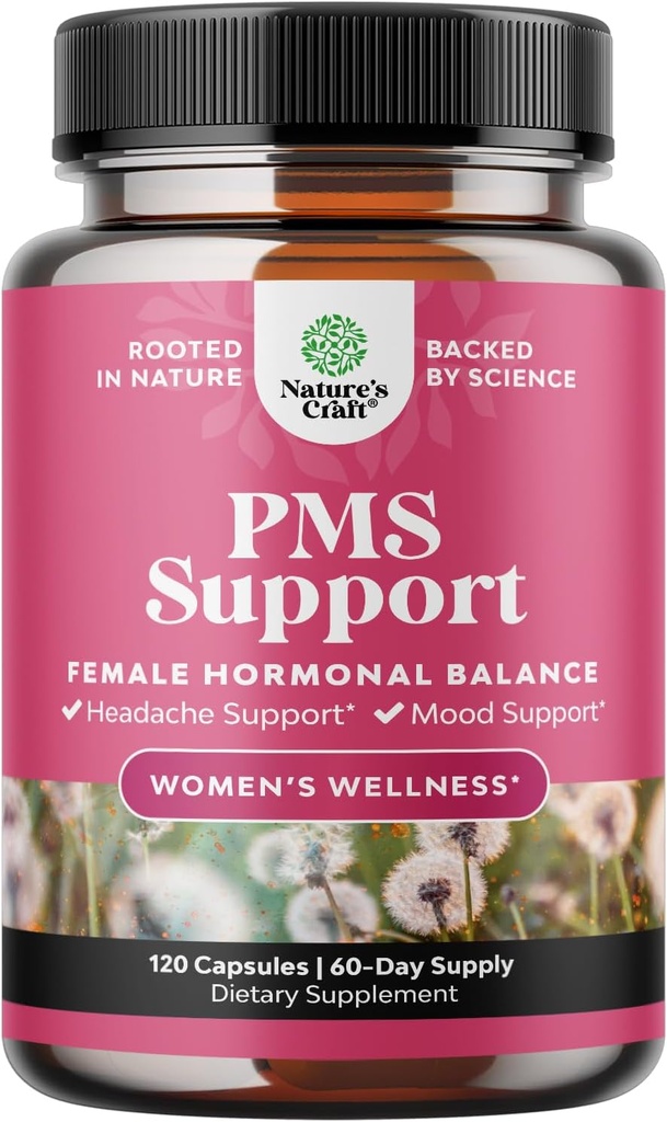 PMS Support for Kvinder - Hormonbalance for kvinder & menstruation med DIM, Chasteberry, Black Cohosh & Ashwagandha - for Periode Cramps Ease, Menopause Bloating, Mood Swing - 120 Ct