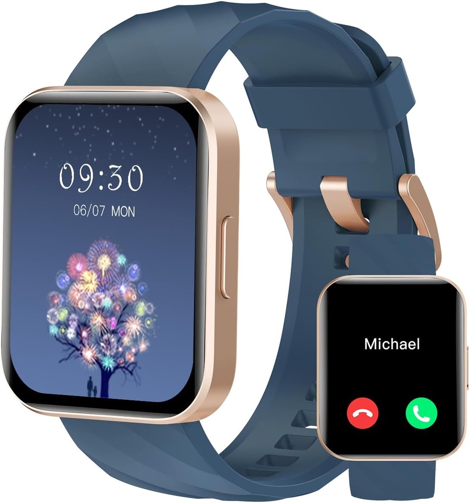 RUIMEN Smart ure til kvinder Mænd (svar / gør opkald) Kompatibel med iPhone / Android telefoner, 1.85 "HD Screen Fitness Tracker Heart Rate Monitor 100 + Sport Tracker ur vandtæt (blå)