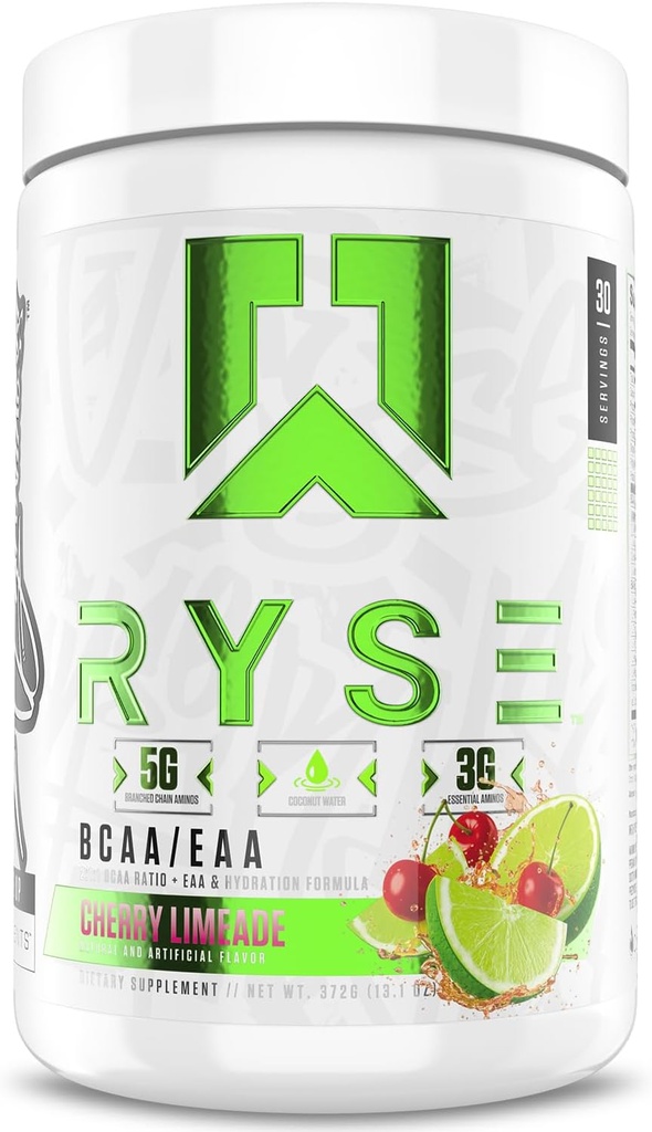 RYSE BCAA EAA Powder - Cherry Limeade - 5g forgrenet kæde Aminosyrer, 3g Essential Aminos, Sugar- Free Electrolytes for Pre & Post Workout Muscle Recovery, Hydration og Styrke - 30 Servering