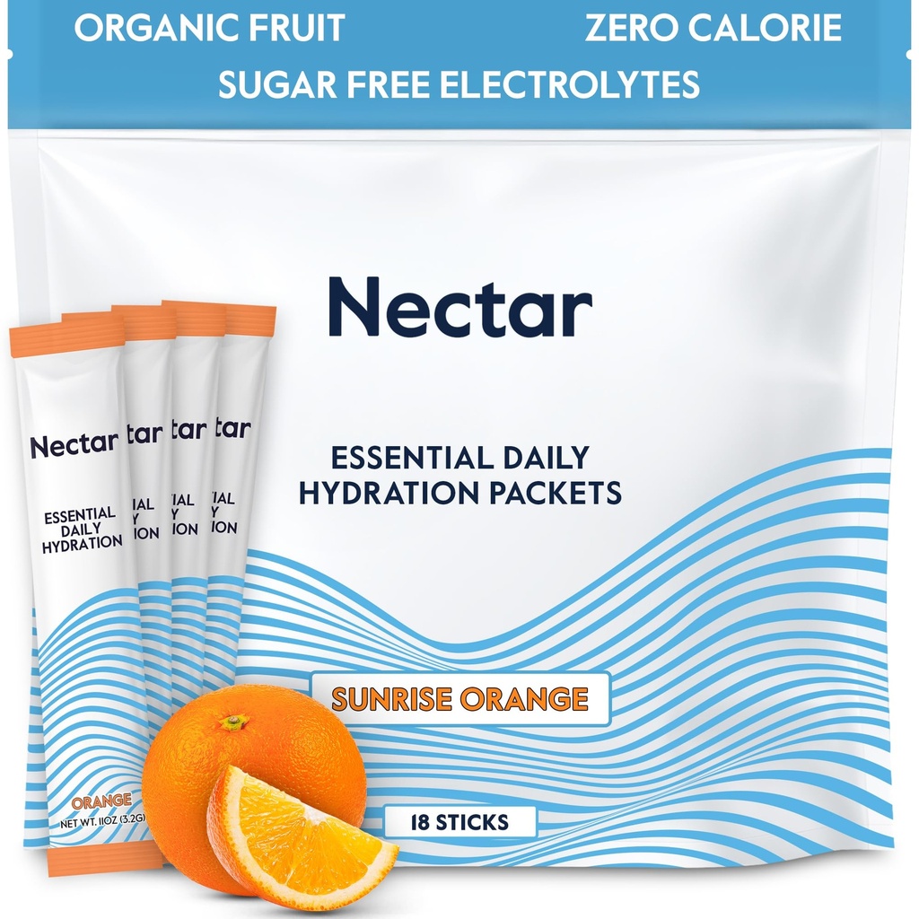 Nectar Hydration Pakninger - Elektrolyter Powder Pakninger - Ingen sukker eller kalorier - Organic Fruit Liquid Daily IV Electrolytes Powder for Dehydration Relief and Rapid Rehydration (Orange 18 Pack)