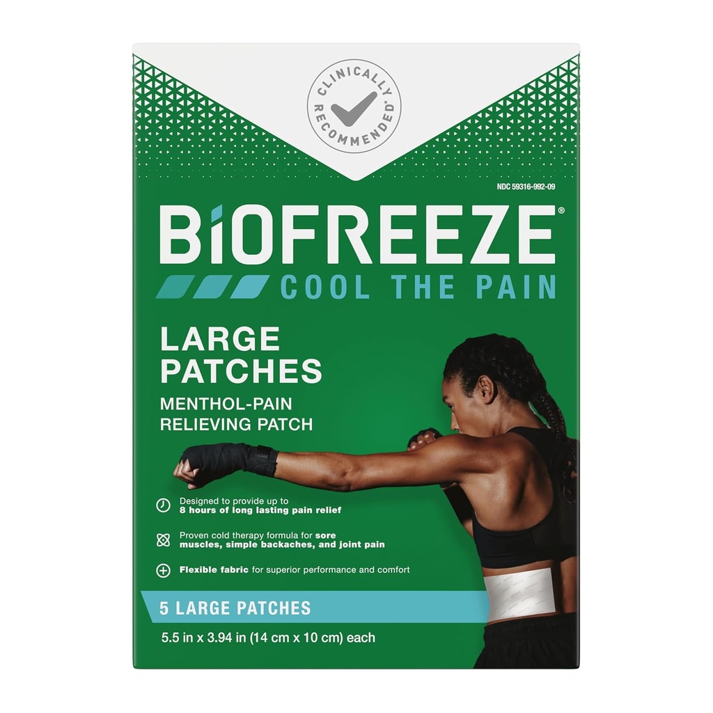 Biofreeze Store smertelindring, Menthol smertelindringer for lænderyg, Neck, Knee, & Shoulder, Komfortable & Fleksible Fabric Stays in Place, FSA Støtteberettiget, 5 ct