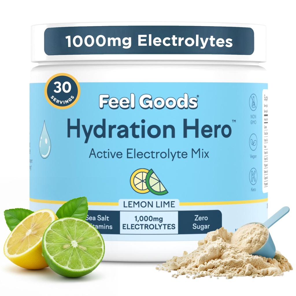 Feel Goods Hydration Hero, 1.000mg Electrolytes Powder, Sugar Free, Magnesium, Organic Aloe Vera, Organic Aloe, L Theanine, Vitamin C & B12, Non GMO, Keto, Vegan Buddy 124; Lemon Lime, 30 Servere