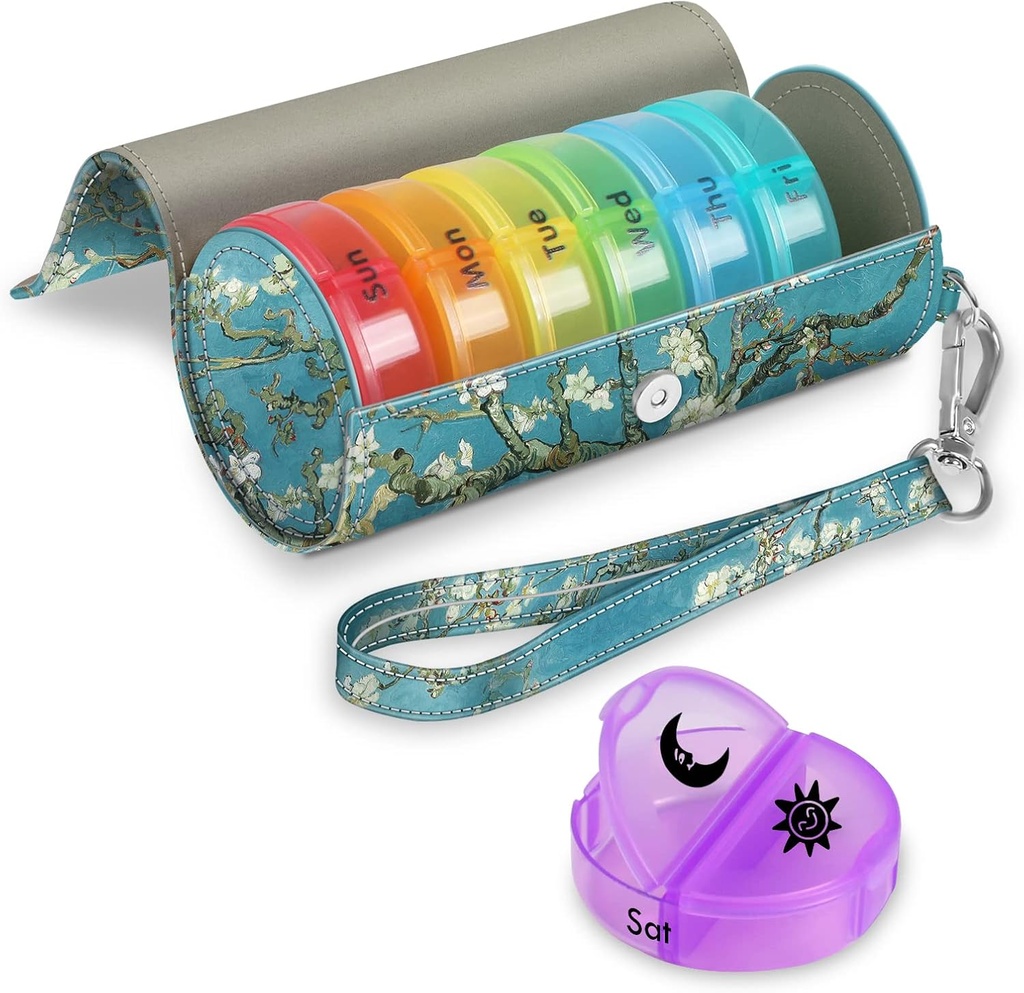 FINPAC Pill Organizer 2 Times A Day, Large Weekly AM PM Pill Box with Carrying PU Leather Case for 7 Days Medication Care, Round Medicine Vitamin Dispenser Container and Holders (Blossom)