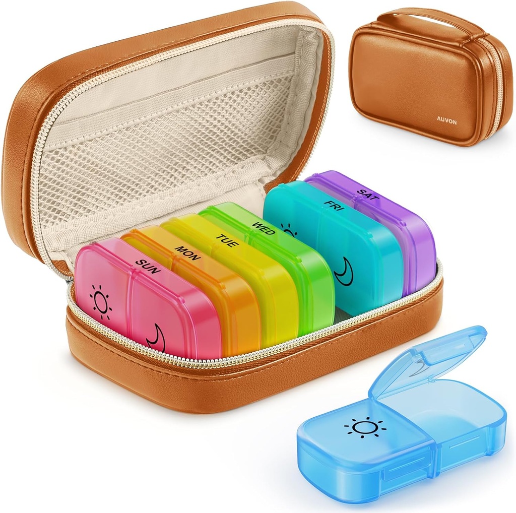 AUVON Weekly Pill Organizer 2 gange om dagen med PU læder taske, Rejser AM PM Pill Box 7 dag med One- Side Stor Åbning Design for nem fyldning, Bærbar Pill sag for vitaminer, Medicin, Kosttilskud