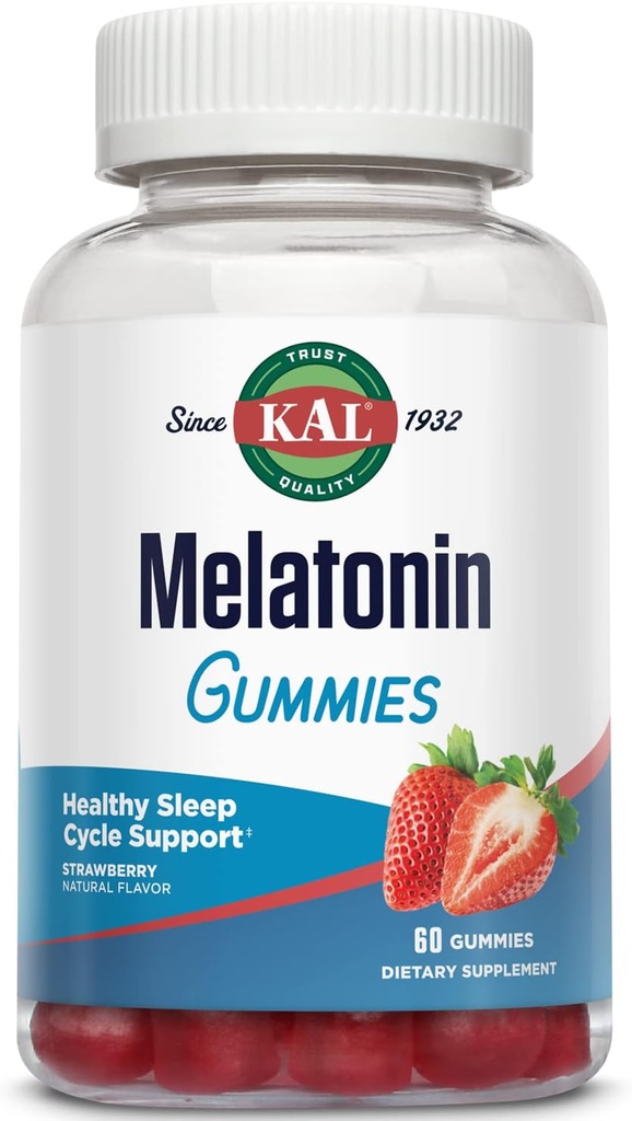KAL Melatonin Gummies, Melatonin 5mg Sleep Aid, Sund Afslapning, Sleep Varighed, Kvalitet, og Calmness Support Formel, Vegetar, Gluten Free, Natural Strawberry Flavor, 30 Servering, 60 Gummies