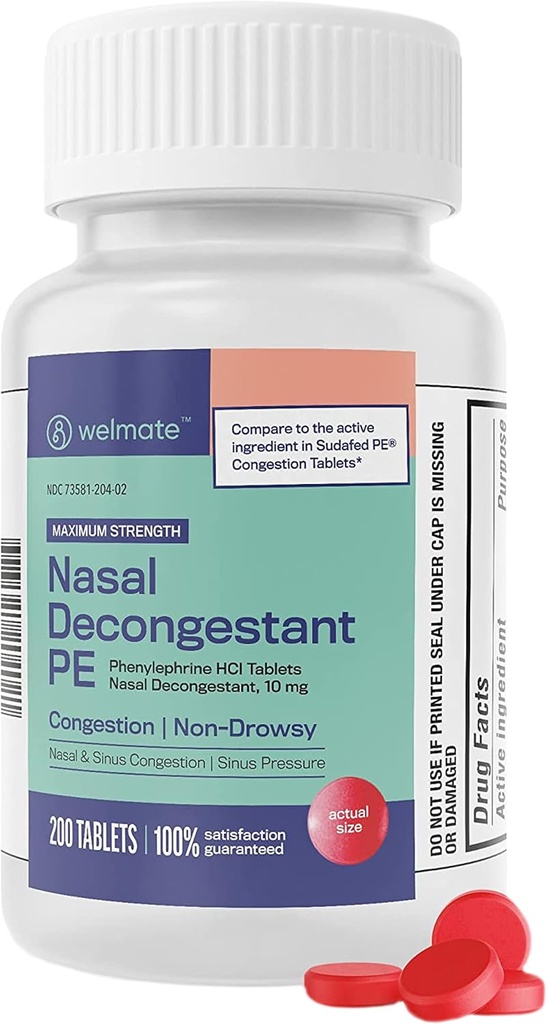 WELMATE - Nasal Decongestant PE - Phenylephrin HCl 10 mg - Maksimal styrke - Sinus Relief - for kulde & allergier - Non- Drowsy - Antihistamin - Pain Relief - Decongestants for voksne - 200 tabletter
