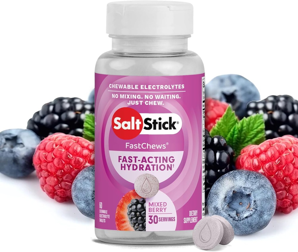 SaltStick Electrolyte FastChews - 60 blandet berry Chewable Electrolytes - Salt Tablets for Running and Hydration, Electrolyte Chews - 60 Greve