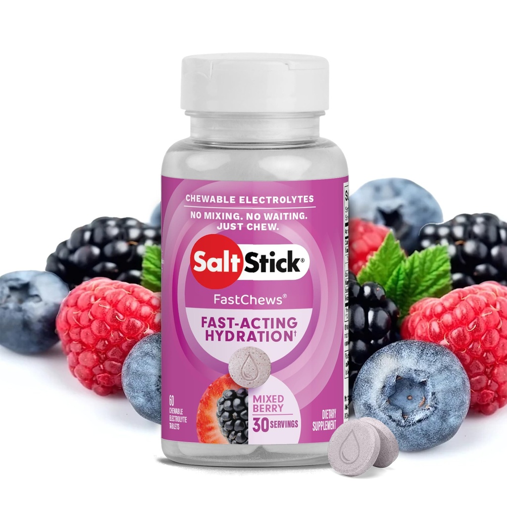 SaltStick Electrolyte FastChews - 60 blandet berry Chewable Electrolytes - Salt Tablets for Running and Hydration, Electrolyte Chews - 60 Greve