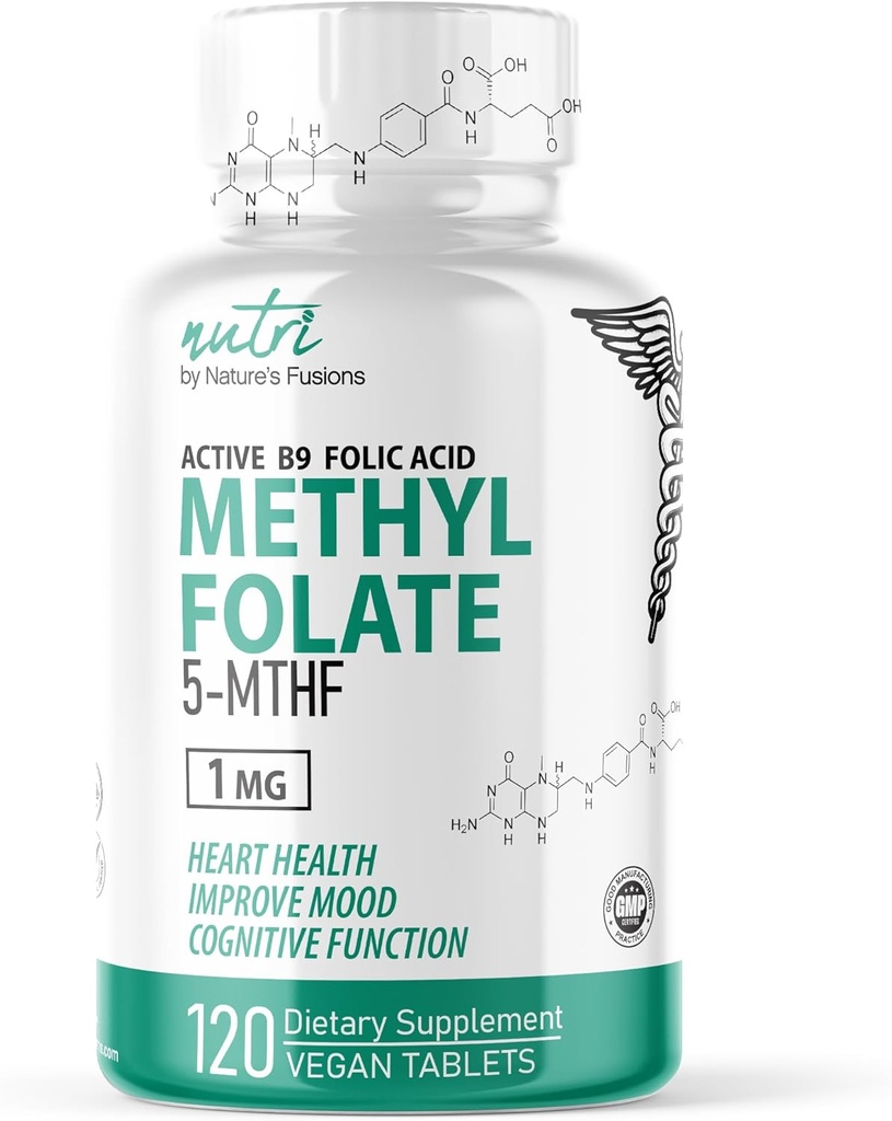 Naturens Fusioner Nutri 5-MTHF L Methylfolfolat 1MG - 4 måneder Tilgang, 120 Veganske tabletter - Methylerede folat tillæg - Kognitiv funktion, hjerte sundhed, prænatal support - Methylerede folinsyre